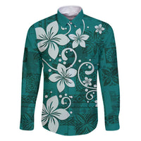 Plumeria Floral Tapa Pattern Crystal Teal Family Matching Mermaid Dress and Hawaiian Shirt LT01 Dad's Shirt - Long Sleeve Teal - Polynesian Pride