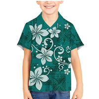 Plumeria Floral Tapa Pattern Crystal Teal Family Matching Mermaid Dress and Hawaiian Shirt LT01 Son's Shirt Teal - Polynesian Pride
