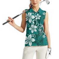 Plumeria Floral Tapa Pattern Crystal Teal Women Sleeveless Polo Shirt