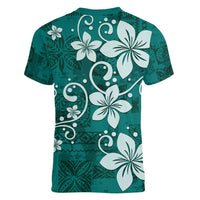 Plumeria Floral Tapa Pattern Crystal Teal Women V-Neck T-Shirt