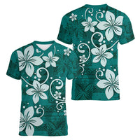 Plumeria Floral Tapa Pattern Crystal Teal Women V-Neck T-Shirt