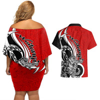 New Zealand Waitangi Day Couples Matching Off Shoulder Short Dress and Hawaiian Shirt Aotearoa Te Tiriti O Waitangi Kiwi Red Version LT01 - Polynesian Pride