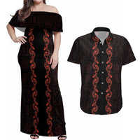 Hawaii Japan Koi Fish Red Couples Matching Off Shoulder Maxi Dress and Hawaiian Shirt Tapa Pattern - Polynesian Pride