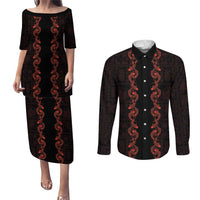 Hawaii Japan Koi Fish Red Couples Matching Puletasi and Long Sleeve Button Shirt Tapa Pattern - Polynesian Pride