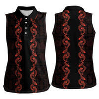 Hawaii Japan Koi Fish Red Women Sleeveless Polo Shirt Tapa Pattern - Polynesian Pride