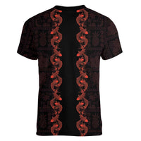 Hawaii Japan Koi Fish Red Women V-Neck T-Shirt Tapa Pattern - Polynesian Pride