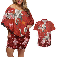 Hawaii Japan Cranes Sakura Flower Red Couples Matching Off Shoulder Short Dress and Hawaiian Shirt Japan Heritage Spirit LT01 Red - Polynesian Pride
