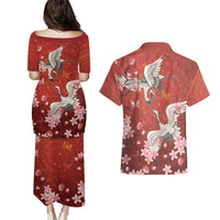 Hawaii Japan Cranes Sakura Flower Red Couples Matching Puletasi and Hawaiian Shirt Japan Heritage Spirit - Polynesian Pride