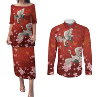 Hawaii Japan Cranes Sakura Flower Red Couples Matching Puletasi and Long Sleeve Button Shirt Japan Heritage Spirit - Polynesian Pride