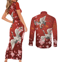 Hawaii Japan Cranes Sakura Flower Red Couples Matching Short Sleeve Bodycon Dress and Long Sleeve Button Shirt Japan Heritage Spirit LT01 - Polynesian Pride