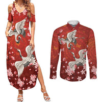 Hawaii Japan Cranes Sakura Flower Red Couples Matching Summer Maxi Dress and Long Sleeve Button Shirt Japan Heritage Spirit - Polynesian Pride