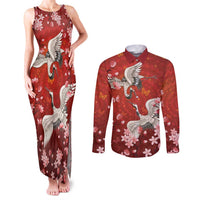 Hawaii Japan Cranes Sakura Flower Red Couples Matching Tank Maxi Dress and Long Sleeve Button Shirt Japan Heritage Spirit LT01 Red - Polynesian Pride
