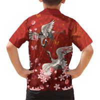 Hawaii Japan Cranes Sakura Flower Red Family Matching Off Shoulder Short Dress and Hawaiian Shirt Japan Heritage Spirit LT01 - Polynesian Pride