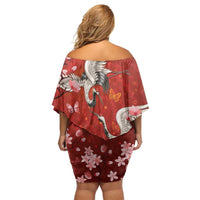 Hawaii Japan Cranes Sakura Flower Red Family Matching Off Shoulder Short Dress and Hawaiian Shirt Japan Heritage Spirit LT01 - Polynesian Pride