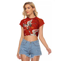 Hawaii Japan Cranes Sakura Flower Red Raglan Cropped T Shirt Japan Heritage Spirit - Polynesian Pride