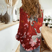 Hawaii Japan Cranes Sakura Flower Red Women Casual Shirt Japan Heritage Spirit - Polynesian Pride