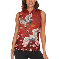 Hawaii Japan Cranes Sakura Flower Red Women Sleeveless Polo Shirt - Japan Heritage Spirit LT01 - Polynesian Pride