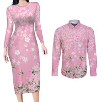 Cranes Sakura Floral Pink Pastel Couples Matching Long Sleeve Bodycon Dress and Long Sleeve Button Shirt Hawaii Japan Culture LT01 Pink - Polynesian Pride