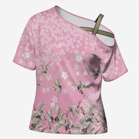 Cranes Sakura Floral Pink Pastel Cross Shoulder Shirt Hawaii Japan Culture - Polynesian Pride