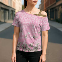 Cranes Sakura Floral Pink Pastel Cross Shoulder Shirt Hawaii Japan Culture - Polynesian Pride