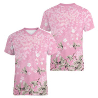 Cranes Sakura Floral Pink Pastel Women V-Neck T-Shirt Hawaii Japan Culture - Polynesian Pride