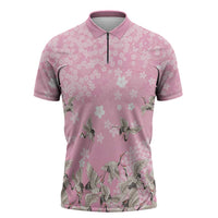 Cranes Sakura Floral Pink Pastel Zipper Polo Shirt Hawaii Japan Culture - Polynesian Pride