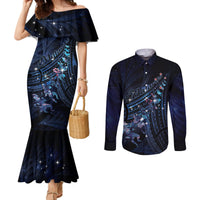 Personalised Matariki Paua Shell New Zealand Couples Matching Mermaid Dress and Long Sleeve Button Shirt Haka Dance At The Starry Night LT01 Black - Polynesian Pride