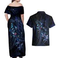 Personalised Matariki Paua Shell New Zealand Couples Matching Off Shoulder Maxi Dress and Hawaiian Shirt Haka Dance At The Starry Night LT01 - Polynesian Pride