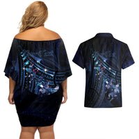 Personalised Matariki Paua Shell New Zealand Couples Matching Off Shoulder Short Dress and Hawaiian Shirt Haka Dance At The Starry Night LT01 - Polynesian Pride