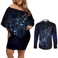 Personalised Matariki Paua Shell New Zealand Couples Matching Off Shoulder Short Dress and Long Sleeve Button Shirt Haka Dance At The Starry Night LT01 Black - Polynesian Pride