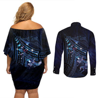 Personalised Matariki Paua Shell New Zealand Couples Matching Off Shoulder Short Dress and Long Sleeve Button Shirt Haka Dance At The Starry Night LT01 - Polynesian Pride