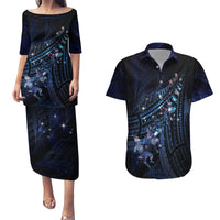 Personalised Matariki Paua Shell New Zealand Couples Matching Puletasi and Hawaiian Shirt Haka Dance At The Starry Night LT01 Black - Polynesian Pride