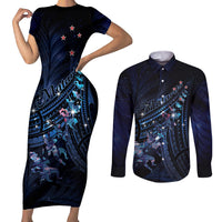 Personalised Matariki Paua Shell New Zealand Couples Matching Short Sleeve Bodycon Dress and Long Sleeve Button Shirt Haka Dance At The Starry Night LT01 Black - Polynesian Pride