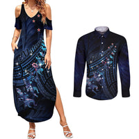 Personalised Matariki Paua Shell New Zealand Couples Matching Summer Maxi Dress and Long Sleeve Button Shirt Haka Dance At The Starry Night LT01 Black - Polynesian Pride