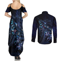 Personalised Matariki Paua Shell New Zealand Couples Matching Summer Maxi Dress and Long Sleeve Button Shirt Haka Dance At The Starry Night LT01 - Polynesian Pride