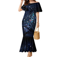 Personalised Matariki Paua Shell New Zealand Family Matching Mermaid Dress and Hawaiian Shirt Haka Dance At The Starry Night LT01 Mom's Dress Black - Polynesian Pride