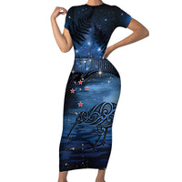 Personalised Matariki Kiwi Family Matching Short Sleeve Bodycon Dress and Hawaiian Shirt Silver Fern LT01 Mom's Dress Black - Polynesian Pride