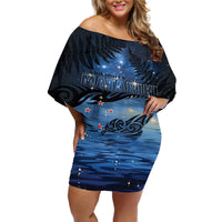 Personalised Matariki Kiwi Off Shoulder Short Dress Silver Fern LT01 Women Black - Polynesian Pride