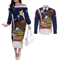 Personalized American Samoa Couples Matching Off The Shoulder Long Sleeve Dress and Long Sleeve Button Shirt Amerika Samoa Bald Eagle