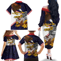 American Samoa Eagle Kava Bowl Family Matching Off The Shoulder Long Sleeve Dress and Hawaiian Shirt Plumeria Polynesian Pattern