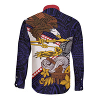 American Samoa Eagle Kava Bowl Long Sleeve Button Shirt Plumeria Polynesian Pattern