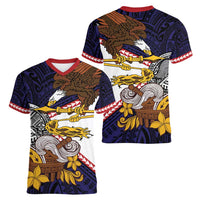 American Samoa Eagle Kava Bowl Women V-Neck T-Shirt Plumeria Polynesian Pattern