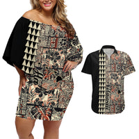 Hawaiian Quilt Couples Matching Off Shoulder Short Dress and Hawaiian Shirt Hibiscus Kakau Vintage Style LT01 Beige - Polynesian Pride