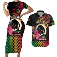 Personalised Vanuatu Port Vila Stay Strong Couples Matching Short Sleeve Bodycon Dress and Hawaiian Shirt Long God Yumi Stanap LT01 Black - Polynesian Pride