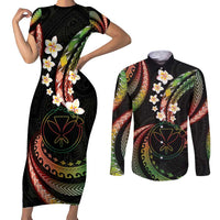 Hawaii Map Kanaka Maoli Couples Matching Short Sleeve Bodycon Dress and Long Sleeve Button Shirt Fantastic Frangipani Reggae