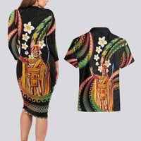 Hawaii King Kamehameha Couples Matching Long Sleeve Bodycon Dress and Hawaiian Shirt Fantastic Plumeria Reggae LT01 - Polynesian Pride
