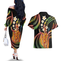 Hawaii King Kamehameha Couples Matching Off The Shoulder Long Sleeve Dress and Hawaiian Shirt Fantastic Plumeria Reggae LT01 - Polynesian Pride