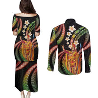 Hawaii King Kamehameha Couples Matching Puletasi and Long Sleeve Button Shirt Fantastic Plumeria Reggae