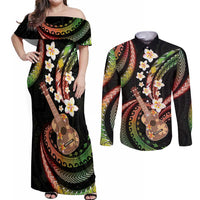 Hawaiian Ukulele Couples Matching Off Shoulder Maxi Dress and Long Sleeve Button Shirt Jawaiian Fantastic Plumeria