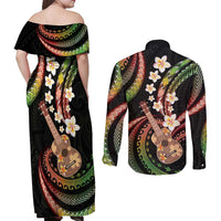 Hawaiian Ukulele Couples Matching Off Shoulder Maxi Dress and Long Sleeve Button Shirt Jawaiian Fantastic Plumeria